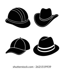 Iconos y siluetas del vector del casquillo en blanco y negro
