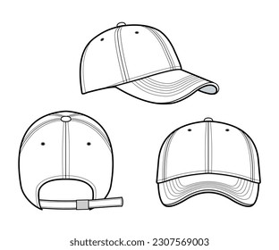Cap vector illustration. Baseball Cap fashion flat technical drawing template. isolated on white. front, side, and back view. unisex, CAD mock-up.