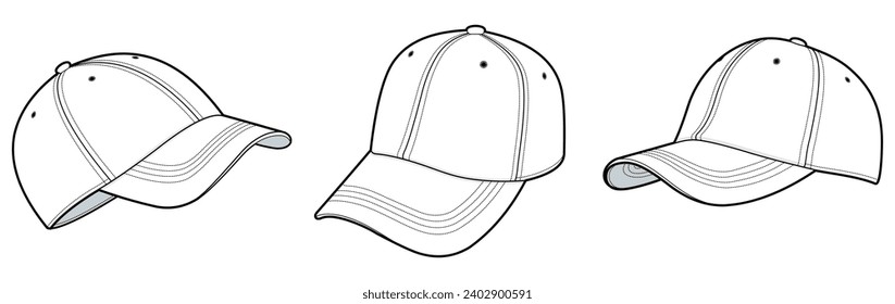 Cap vector illustration. Baseball Cap fashion flat technical drawing template. isolated on white. unisex, CAD mock-up.