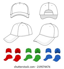 Cap vector illustration featured front, back, side, top isolated on white. You can change the color or you can add your logo easily.