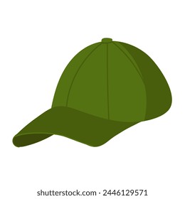 Cap with a visor is green. A color image of a green baseball cap on a white background. A summer headdress for protection from the sun. Men's clothing. A headdress. Vector flat illustration