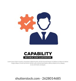 Capability Icon. Person with Gear and Check Symbol for Reliable Competence. Vector editable icon.
