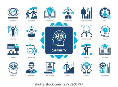 Capability icon set. Qualification, Competence, Knowledge, Leadership, Career, Ability, Personal Growth, Management. Duotone color solid icons