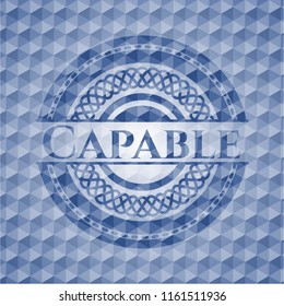 Capable blue emblem with geometric pattern background.