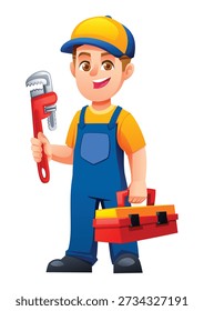 Capable boy plumber carrying a red toolbox and holding a large pipe wrench tool. Vector cartoon character illustration