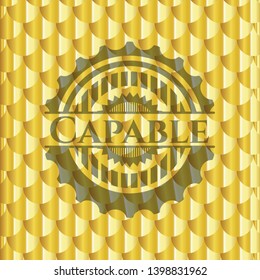 Capable golden badge or emblem. Scales pattern. Vector Illustration. Detailed.