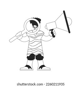 Capable HR specialist man holding a megaphone and a magnifying glass. HR topic. Linear black and white style.