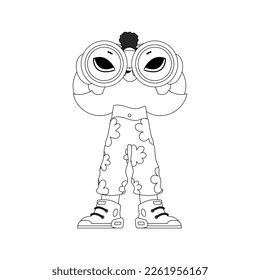 Capable HR woman looking through binoculars. HR topic. Linear black and white style.