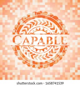 Capable orange tile background illustration. Square geometric mosaic seamless pattern with emblem inside.