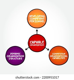 Capable Organization - includes putting together a strong management team, and recruiting and retaining employees with the needed experience, mind map concept background