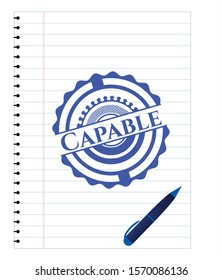 Capable pen strokes emblem. Blue ink. Vector Illustration. Detailed.