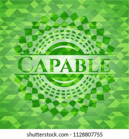Capable realistic green emblem. Mosaic background