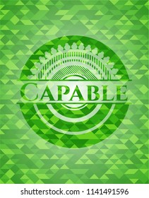 Capable realistic green emblem. Mosaic background