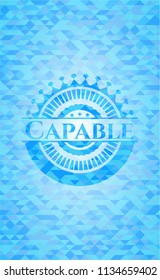 Capable realistic sky blue emblem. Mosaic background