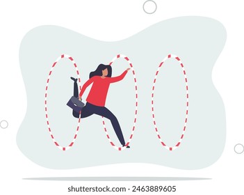 capable skillful businesswoman winner jump through the hoop.flat vector illustration.