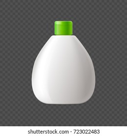 Capacious blank bottle with green cap for liquid cosmetics isolated vector illustration on white background. Rounded container for substances.