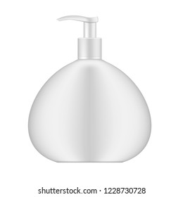 Capacious cosmetic bottle with dispenser, realistic mockup. Beauty product opaque plastic package, vector mock-up.