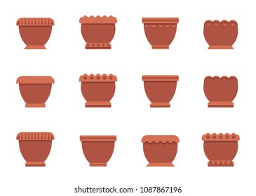 Capacious flower pots of clay and plastic set. Containers to grow indoor plants. Housepot for room herbs isolated vector illustrations collection
