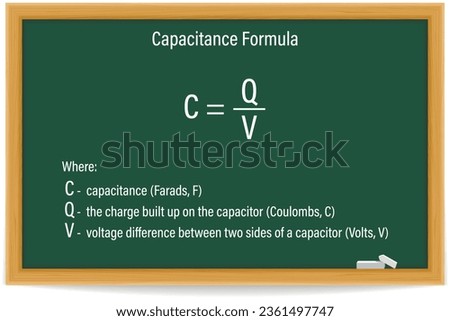 Capacitance Formula on a green chalkboard. Education. Science. Formula. Vector illustration.