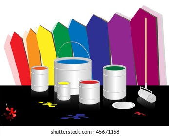 Capacities with paints of different color against the painted fence