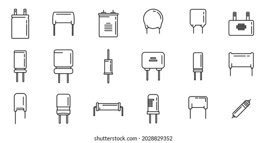Capacitor icons set outline vector. Polyester ceramic capacitor. Bipolar condeser