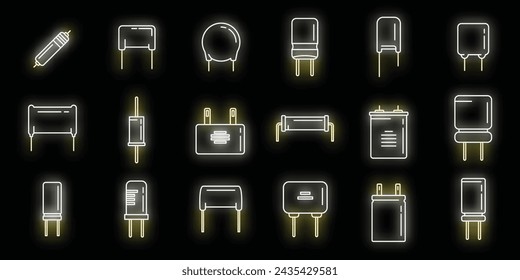 Iconos del condensador establecen el vector del contorno. Condensador de cerámica de poliéster. Neón de conífero bipolar aislado