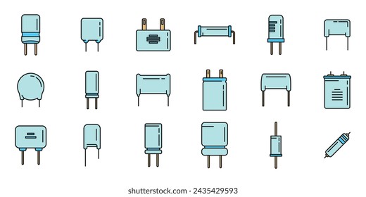 Iconos del condensador establecen el vector del contorno. Condensador de cerámica de poliéster. Línea de color del condensador bipolar aislada