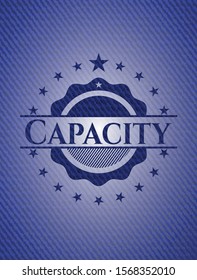 Capacity badge with denim background. Vector Illustration. Detailed.