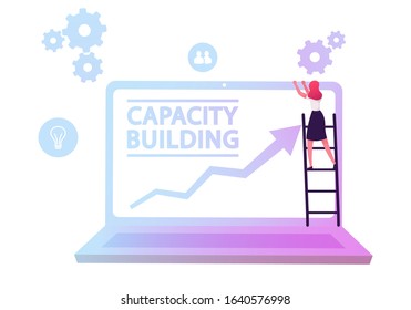 Capacity Building Concept. Business Woman Stand on Ladder at Huge Laptop with Growing Arrow Chart on Screen. Corporate Efficiency, Education, Finance Goal Achievement. Cartoon Flat Vector Illustration