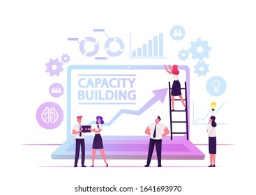 Capacity Building Concept. Team of Business People Working around of Huge Laptop with Growing Arrow on Screen and Data Analysis Icons around, Development Strategy. Cartoon Flat Vector Illustration