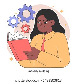 Capacity building. Engaged woman reading, gaining knowledge. Continuous learning for personal growth. Strengthening of professional abilities and qualification. Flat vector illustration.