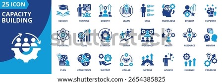 capacity building icon set collection in solid glyph style. an icon pack contain goal,training,skill,knowledge,growth,develop,learn