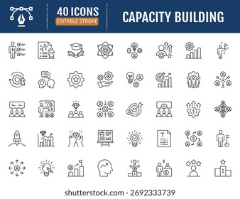 Capacity building line icon set. Includes goal,
training, skill, knowledge, growth, develop, learn
and more. Vector Illustration with Editable
Strokes