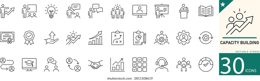 Capacity building line icon set. Icons for training, leadership, education, teamwork, and organizational growth. Editable stroke.. Vector illustration.