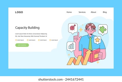 Capacity building web or landing. Man showcases personal growth, achievements and problem-solving skills. Strengthening of professional abilities and qualification. Flat vector illustration.