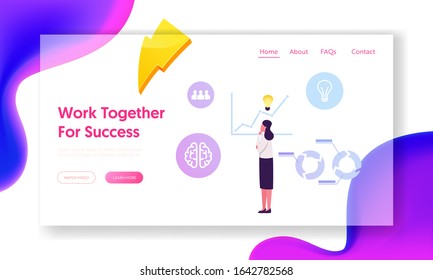 Capacity Building Website Landing Page. Thoughtful Business Woman with Glowing Light Bulb over Head Stand at Grow Arrow Chart Analysing Statistic Data Web Page Banner. Cartoon Flat Vector Illustration