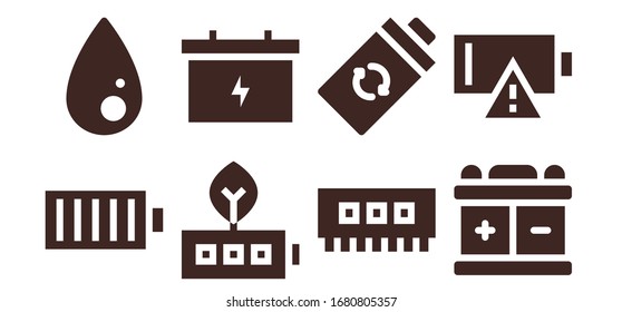 conjunto de iconos de capacidad. 8 iconos de capacidad rellenados.  Iconos modernos sencillos, como: Batería completa, Licuado, Batería, Ram, Batería vacía