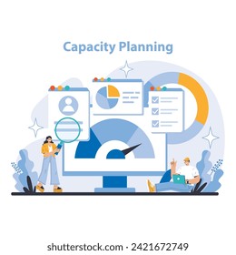 Capacity Planning concept. Analyzing personnel and production capabilities. Resource allocation for maximum efficiency. Forecasting future demands. Flat vector illustration.