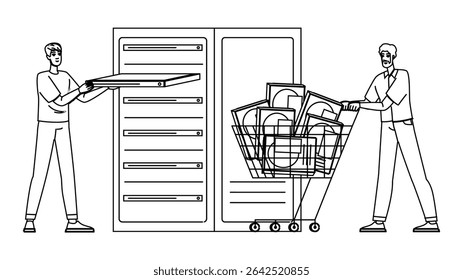 vetor de disco rígido do servidor de capacidade. confiabilidade de desempenho, backup de velocidade, caractere de disco rígido do servidor de capacidade sata empresarial. ilustração de desenho a lápis da linha preta do people