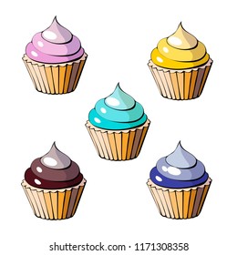 Capcake set baking cream mint sweetness dessert. Hand drawn food icons isolated on white background. Colorful elements for the menu collection of cafes and restaurants. merry holiday