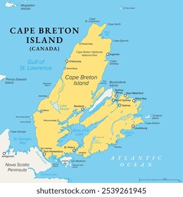 Cape Breton Island, Nueva Escocia, Canadá, mapa político. Isla escarpada e irregular en la costa atlántica de América del Norte. Separado físicamente de la península de Nueva Escocia por el estrecho de Canso.