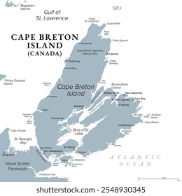 Cape Breton Island, Nueva Escocia, Canadá, mapa político gris. Isla escarpada e irregular en la costa atlántica de América del Norte. Separado de la península de Nueva Escocia por el estrecho de Canso.