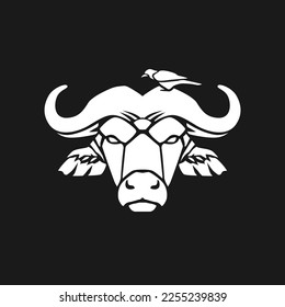 Cape Buffalo with little bird vector illustration template. Bull mascot logo clipart. Can be used for labels, banners, or advertisements.