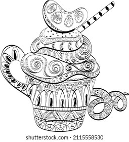 the cape with a cake. The white and black illustration. Sketch for children and adult coloring book. Hand drawn for anti stress coloring book