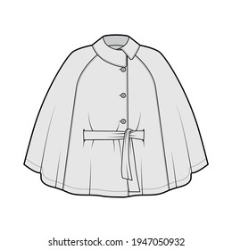 Cape coat mantle technical fashion illustration with belt, asymmetric collar, oversized trapeze body, fingertip length. Flat jacket template front, grey color style. Women, men, unisex top CAD mockup