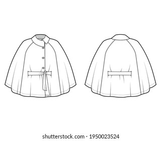 Cape coat mantle technical fashion illustration with belt, asymmetric collar, oversized trapeze body, fingertip length. Flat jacket template front, back, white color style. Women, men top CAD mockup