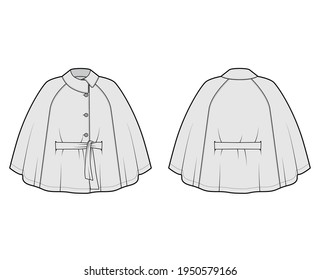 Cape coat mantle technical fashion illustration with belt, asymmetric collar, oversized trapeze body, fingertip length. Flat jacket template front, back, white, grey color style. Women, men, unisex