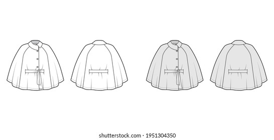 Cape coat mantle technical fashion illustration with belt, asymmetric collar, oversized trapeze body, fingertip length. Flat jacket template front, back, white, grey color style. Women, men, unisex