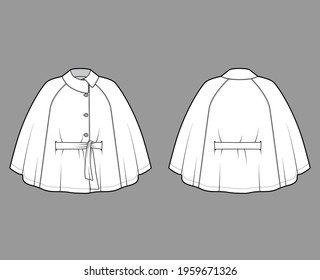 Cape coat mantle technical fashion illustration with belt, asymmetric collar, oversized trapeze body, fingertip length. Flat jacket template front, back, white color style. Women, men top CAD mockup