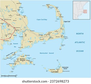 Cape Cod, Martha's Vineyard, and Nantucket Map, Massachusetts, USA svg